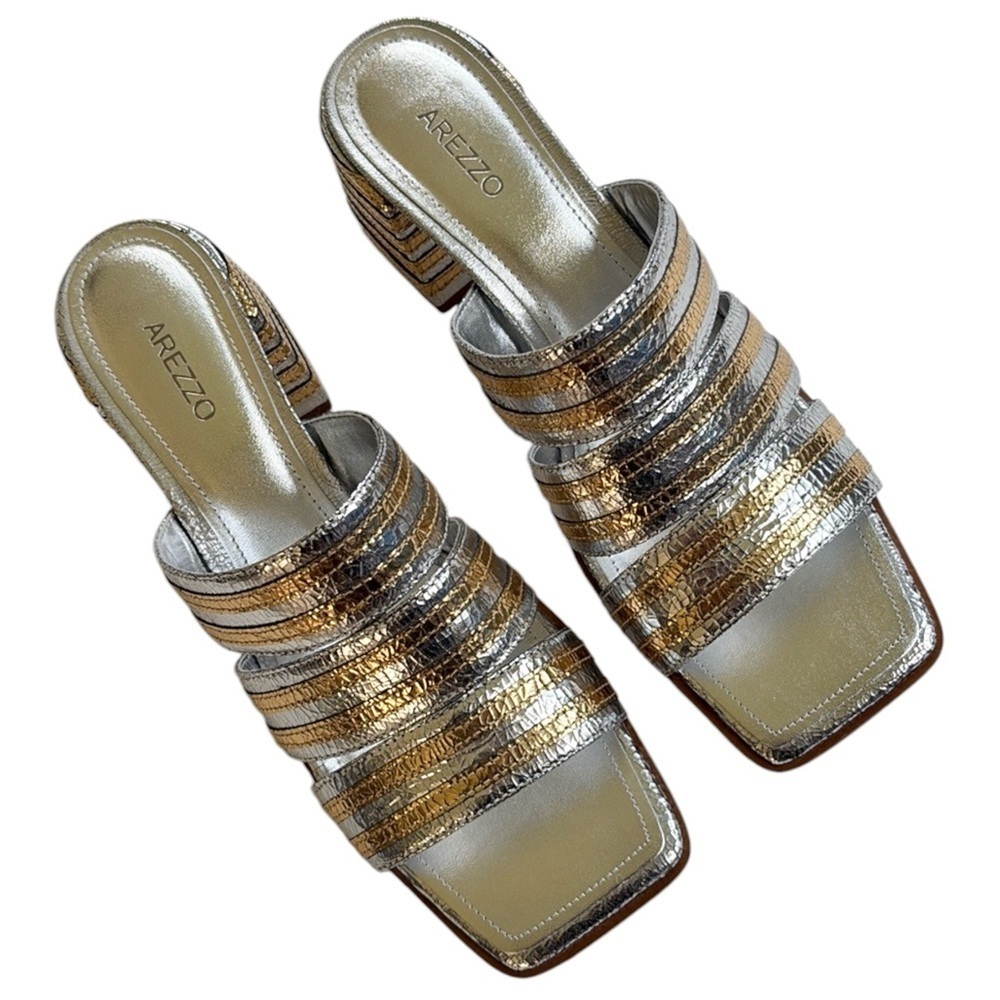 NWOT Arezzo Leather Heidi Heeled Sandals Silver Gold Size 9.5 - Picture 2 of 10